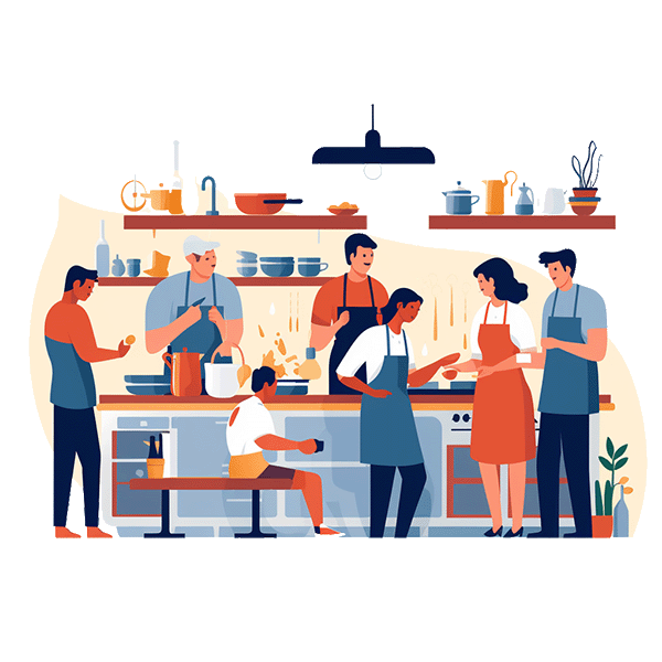 A crowd of people, cooking